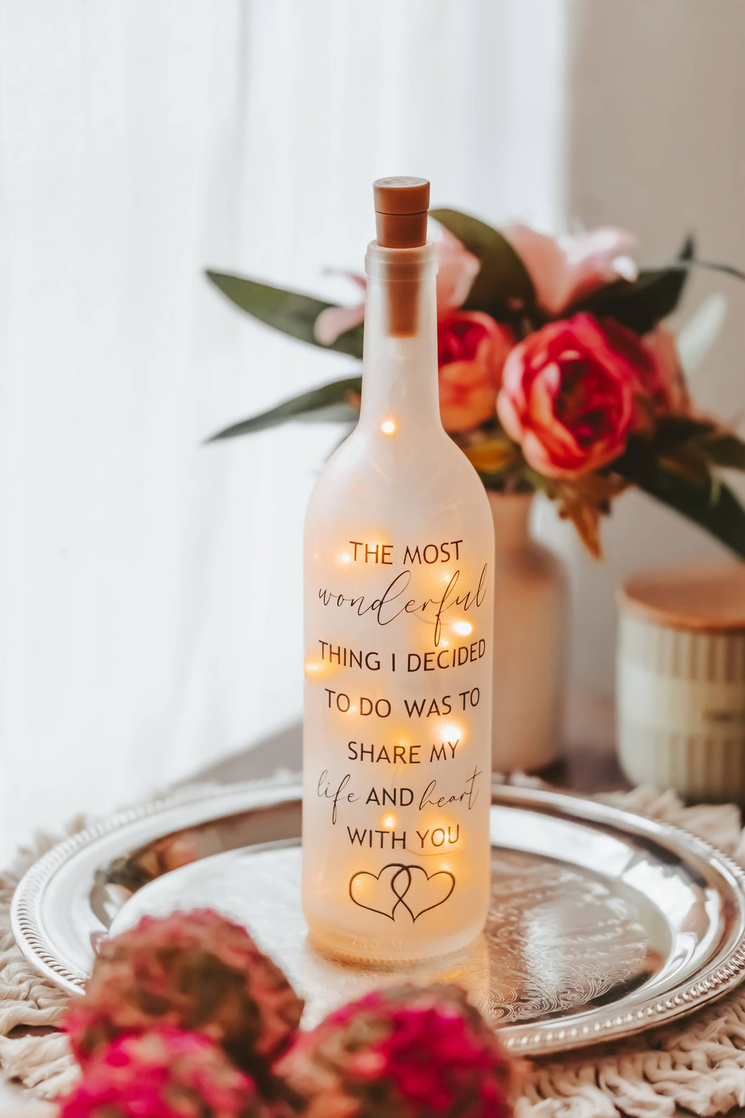 Romantic Wine Bottle Light, Two Hearts